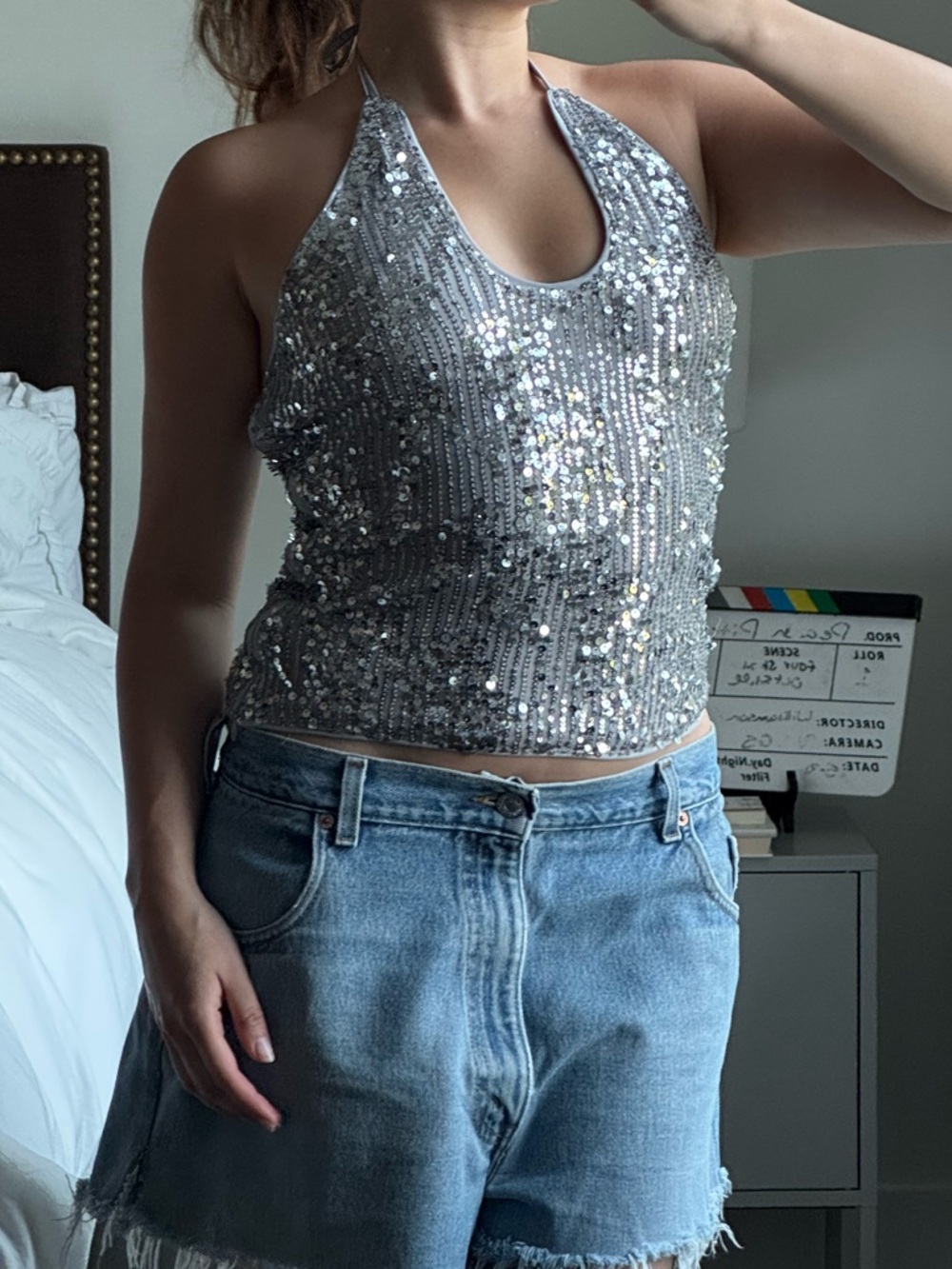 Silver Sequin Tie Tank – S